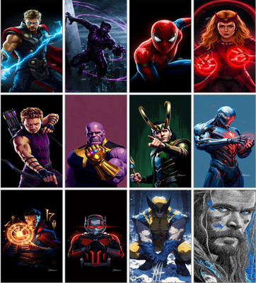 Marvel Avengers Poster Set of 12 | Superhero Wall Art | Thor, Spider-Man, Iron Man, Loki, Thanos & More | Premium Matte Artificial Paper Prints 3D Poster(11.5 inch X 8.5 inch)
