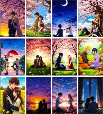 Anime Couple Poster Set of 12 | Romantic HD Artificial Paper Prints | Sakura & Sunset Love Wall Art | Japanese Aesthetic Room Decor 3D Poster(11.5 inch X 8.5 inch)
