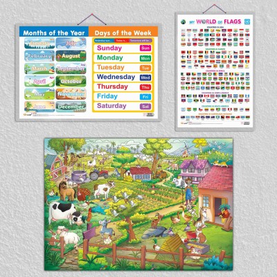 GIANT AT THE FARM COLOURING POSTER, My World of Flags and MONTHS OF THE YEAR AND DAYS OF THE WEEK| set of 1 colouring poster and 2 hard laminated charts|Color Your World with Giant Farm Poster and Learn Flags, Months & Days with Chart Paper Print(30 inch X 20 inch)