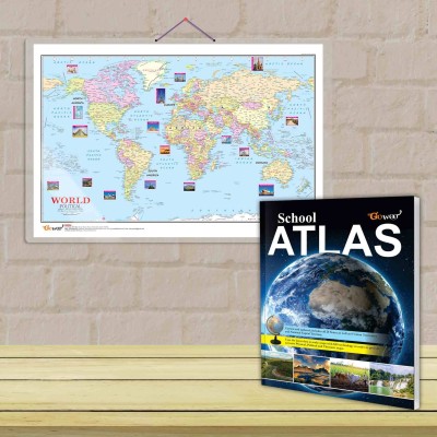 World Political Map and SCHOOL ATLAS (ENGLISH) - MAPLITHO | Set of 1 Chart + 1 Atlas | World Political Map Chart and School Atlas Combo: English Edition on Maplitho Paper. Paper Print(30 inch X 20 inch)