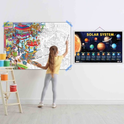 Solar System Chart and GIANT AT THE MALL COLOURING POSTER | Set of 1 chart+1 colouring poster | Learn planet's names with the solar system chart Paper Print(40 inch X 28 inch)