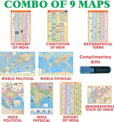 India & World Map (Both Political & Physical) Maharashtra with Constitution of India , Indian History , Indian Economy & Geographical Terms Chart With Complimentary Gift|Maps Size: (40 X 28 inch) (23 X 36 inch)| Set Of 9 | Useful for UPSC and other competitive exam preparation Paper Print(28 inch X 