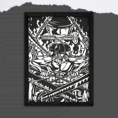 Roronoa Zoro Master Swordsman Graphic Framed Poster | One Piece Black & White Vinyl Style Art | Intense Shonen A4 Print Photographic Paper(11.7 inch X 8.3 inch, Framed)