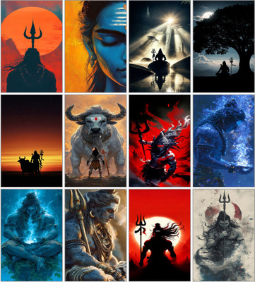Lord Shiva Poster Set of 12 | Mahadev Wall Art | Trishul, Meditation & Cosmic Energy Prints | Hindu Spiritual Decor 3D Poster(11.5 inch X 8.5 inch)