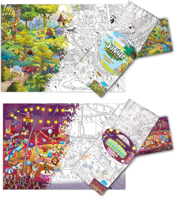 GIANT JUNGLE SAFARI COLOURING Charts and GIANT CIRCUS COLOURING Charts | Set of 2 Charts I Best Engaging Products For Kids Paper Print(16 inch X 10 inch)
