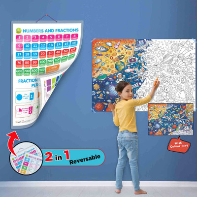 2 IN 1 NUMBER & FRACTIONS AND MATHS KEYWORDS CHART and GIANT SPACE COLOURING POSTER | SET OF 1 CHART and 1 POSTER | Space Maths Odyssey: 2 in 1 Number & Fractions and Maths Keywords Chart with Giant Space Colouring Poster Paper Print(40 inch X 28 inch)