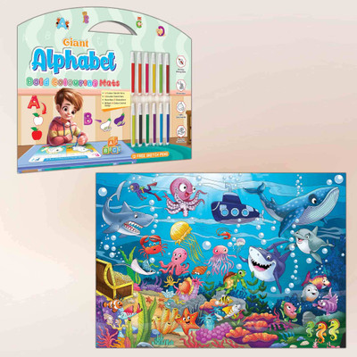 GIANT ALPHABET BOLD COLOURING MATS and GIANT UNDER THE OCEAN COLOURING POSTER | Combo of 1 bold colouring mat with pen and 1 colouring poster | Ocean Alphabet Coloring Duo Paper Print(12.25 inch X 15.5 inch)
