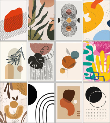 Modern Abstract Wall Art Poster Set of 12 | A4 Size 350 GSM Glossy Prints with Double-Sided Tape | Geometric & Botanical Minimalist Art for Living Room, Bedroom & Office 3D Poster(11.5 inch X 8.5 inch)