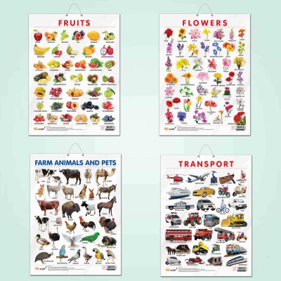 FRUITS CHART GLOSS LAMINATED, FLOWERS CHART GLOSS LAMINATED, FARM ANIMALS AND PETS CHART GLOSS LAMINATED, and TRANSPORT CHART GLOSS LAMINATED | combo of 4 charts |Zooming Through Nature and Transport Tales Paper Print(20 inch X 15 inch)