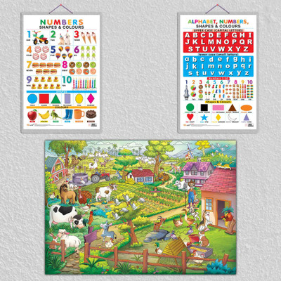 GIANT AT THE FARM COLOURING POSTER, Numbers, Shapes & Colours and Alphabet, Numbers, Shapes & Colours|set of 1 colouring poster and 2 hard laminated charts|Farm-Themed Learning with Numbers, Shapes, and Alphabet chart Paper Print(30 inch X 20 inch)