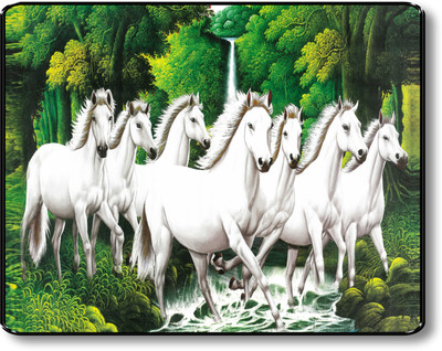 saf 7 Horses Large Sparkle Glossy Round Black Framed Painting Digital Reprint 14 inch x 11 inch Painting(With Frame)
