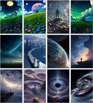 Cosmic Horizon Poster Set of 12 | Astronaut & Galaxy Landscape Wall Art | Dreamlike Space Explorer Prints on Premium Artificial Paper 3D Poster(11.5 inch X 8.5 inch)