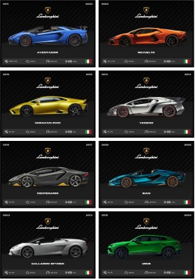 Lamborghini Posters (Set of 8) Aventador and more Lambo Super Car Posters (29 x 21 cm) | Matt Laminated Lamborghini Car Poster | Lamborghini Cars wall decor, home decor, supercar posters Paper Print(11.7 inch X 8.3 inch, Stacked)