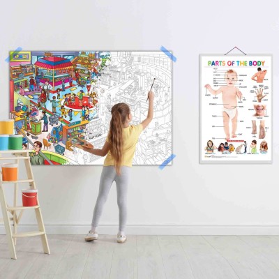 Parts of the Body Chart and GIANT AT THE MALL COLOURING POSTER | SET OF 1 CHART and 1 POSTER | The Human Body Interactive chart and Mall Adventure colouring Poster. Paper Print(40 inch X 28 inch)