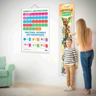 NUMBERS AND FRACTIONS CHART and JUNGLE HEIGHT CHART | Set of 2 charts 1 Educational + 1 Height Chart | A Perfect Combo of Numbers and Fractions Chart and Height Chart for Kids Paper Print(30 inch X 20 inch)