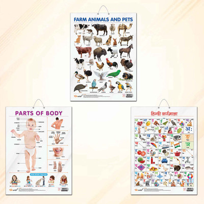 FARM ANIMALS AND PETS CHART GLOSS LAMINATED, HINDI VARNMALA CHART GLOSS LAMINATED, and PARTS OF BODY CHART GLOSS LAMINATED | combo of 3 charts |Vibrant Educational Trio for Growing Minds Paper Print(20 inch X 15 inch)