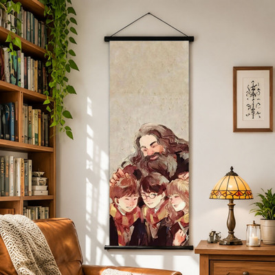 Harry Potter Hagrid Ron & Hermione Golden Trio Wall Scroll Poster | Watercolor Aesthetic Canvas Fabric Wall Hanging Banner for Bedroom, Study & Living Room Decor (12 x 30 Inches) Vinyl(30 inch X 12 inch, Wall Hanging Rod with Cord)