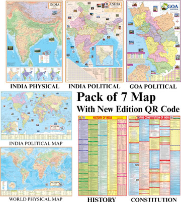 Pack of 7 India & World Political & Physical Maps with History & Constitution of India & Goa | 70x100 cm / 28x40 inch | 90 GSM Thick Paper | Extra Quality Print | New Edition with QR Code | SSC, UPSC & Competitive Exams Paper Print Paper Print(40 inch X 28 inch, Foldable)