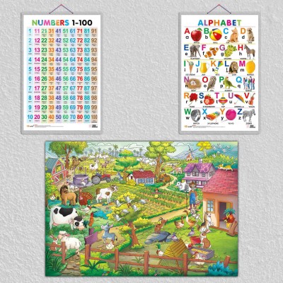 GIANT AT THE FARM COLOURING POSTER, Alphabet and Numbers 1-100| Combos of 1 colouring poster and 2 hard laminated charts|Farmyard Fun & Alphabet + Numbers Duo Paper Print(30 inch X 20 inch)