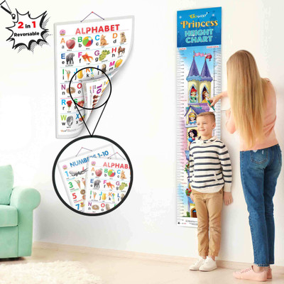 2 IN 1 ALPHABET AND NUMBER 1-10 and PRINCESS HEIGHT CHART | Set of 2 charts 1 Educational + 1 Height Chart | The Adventure Combo Pack of Alphabet & Numbers 1-10 Set with Princess Height Chart for Kids Paper Print(30 inch X 20 inch)