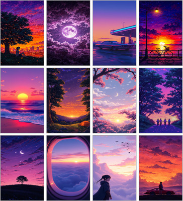 Twilight Dream Poster Set of 12 | Sunset & Moonlight Aesthetic Wall Art | HD Sky, Nature & Anime-Inspired Room Decor 3D Poster(11.5 inch X 8.5 inch)