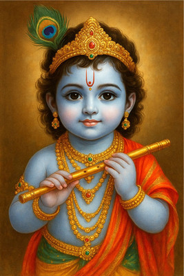 Divine Bal Krishna Playing Flute Wall Poster | Hindu God Art | Baby Krishna with Peacock Feather | Spiritual Home Decor Paper Print(18 inch X 12 inch)