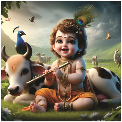 Baby Bal Krishna With Cow God Wall Poster for Pooja Room, Livingroom, Bedroom, Office, Kidsroom (Size - 41 CM x 41 CM) Vinyl(16 inch X 16 inch)