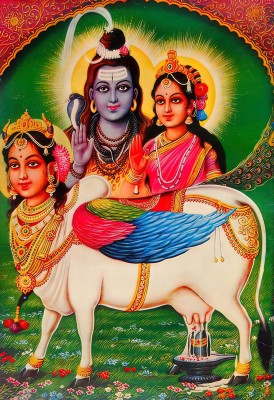 hindu religious Kamdhenu Cow with lord shiv parvati Giving Blessing vinyl sticker poster II (30cm x 45cm) (unframed) II jican5057-1 Fine Art Print(18 inch X 12 inch)
