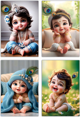 Little Bal Gopal Posters For Pregnant Women | Religious Posters | Krishna Poster | Multicolor Pack of 4 Photographic Paper(18 inch X 12 inch, Easy to Apply: Just Peel & Stick!)