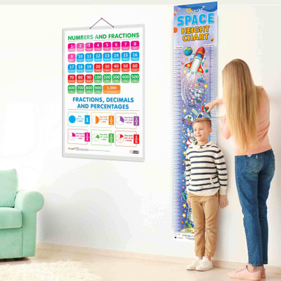 NUMBERS AND FRACTIONS CHART and SPACE HEIGHT CHART | Set of 2 charts 1 Educational + 1 Height Chart | Interactive Combo of Numbers and Fractions and Space Height Chart for Students Paper Print(30 inch X 20 inch)