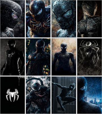 Black Suit Spider-Man Poster Set of 12 | Venom Symbiote Edition | Dark Marvel Wall Art | A4 (8x12 inch) | Cinematic Superhero Room & Gaming Decor 3D Poster(11.5 inch X 8.5 inch)