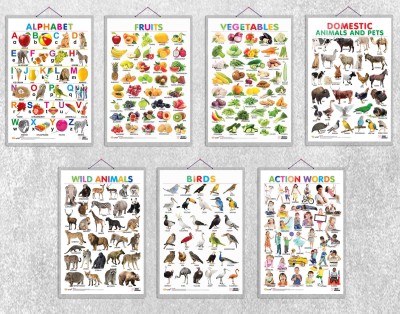 Alphabet, Fruits, Vegetables, Domestic Animals & Pets, Wild Animals, Birds and Action Words charts | Combo of 7 charts | Explore and Learn: Alphabet, Nature, and Actions Paper Print(30 inch X 20 inch)