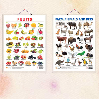 FRUITS CHART HARD LAMINATED and FARM ANIMALS AND PETS CHART HARD LAMINATED | combo of 2 charts |Fun Learning Nature and Animals Set Paper Print(20 inch X 15 inch)