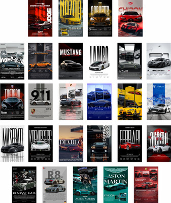 Pack Of 27 Self Adhesive Sticker Car Posters Wall Collage Kit | Aesthetic Sports Car Wall Art for Bedroom, Dorm & Office | Car Enthusiast Gift | Premium Photographic Full Glue Posters Fine Art Print(6 inch X 4 inch, Luxury & Supercar 1400DPI Print)