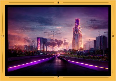 road-night-city-glowing-purple-skyline-with-skyscrapers Paper Print(18 inch X 12 inch)