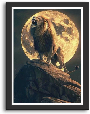 Aanchal World Lion Roaring at Full Moon Photo Frame | Wall Art Painting for Home & Office Décor | 11x14 Inch Photographic Paper(14 inch X 11 inch, Framed)