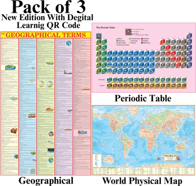 Pack of 3 Educational Maps - Geographical Terms Chart, Periodic Table Chart & World Physical Map, English Medium, 28x40 Inch (70x100 cm), 90 GSM Thick Paper, Extra Quality Print, QR Code, SSC, UPSC & Competitive Exam Prep Paper Print(40 inch X 28 inch, Folded)