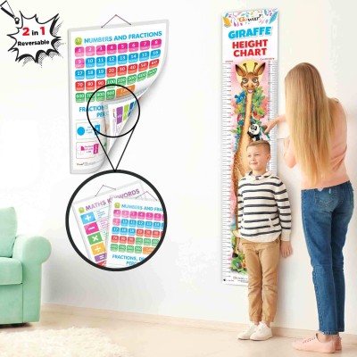 2 IN 1 NUMBER & FRACTIONS AND MATHS KEYWORDS and GIRAFFE HEIGHT CHART | Set of 2 Chart 1 Educational + 1 Height Chart | A Combo Pack of Math and Growth Tracking Chart Paper Print(30 inch X 20 inch)
