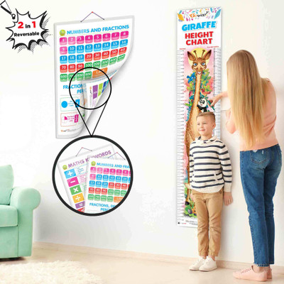 2 IN 1 NUMBER & FRACTIONS AND MATHS KEYWORDS and GIRAFFE HEIGHT CHART | Set of 2 Chart 1 Educational + 1 Height Chart | A Combo Pack of Math and Growth Tracking Chart Paper Print(30 inch X 20 inch)