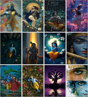 Lord Krishna Wall Art Poster Set | 12 Divine Prints of Krishna Playing Flute & Radha Krishna Scenes | Spiritual Hindu Décor for Home, Temple, Yoga & Meditation Space 3D Poster(11.5 inch X 8.5 inch)