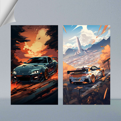 Unique Decor | SPORTS CAR | DIGITAL ART - 5 | SET OF 2 | 300 GSM A4 FRAMED POSTER FOR WALL Photographic Paper(18 inch X 12 inch, Poster)