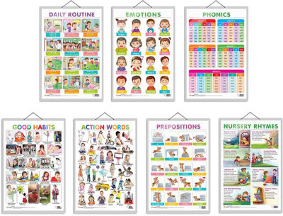 Good Habits, Action Words, PREPOSITIONS, EMOTIONS, DAILY ROUTINE, NURSERY RHYMES and PHONICS - 1 Chart | Combo of 7 Charts | Early Learning Essentials: A 7-Chart Collection Paper Print(30 inch X 20 inch)