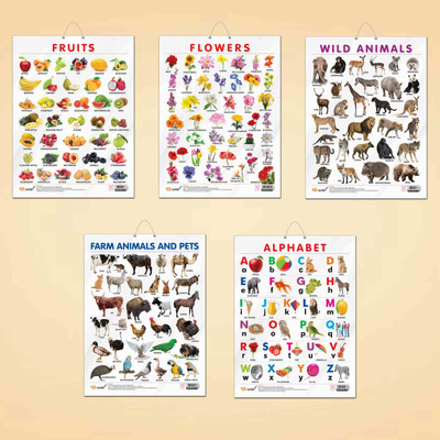ALPHABET CHART GLOSS LAMINATED, FRUITS CHART GLOSS LAMINATED, FLOWERS CHART GLOSS LAMINATED, FARM ANIMALS AND PETS CHART GLOSS LAMINATED, and WILD ANIMALS CHART GLOSS LAMINATED | combo of 5 charts |Dynamic Learning Visuals Bundle Paper Print(20 inch X 15 inch)