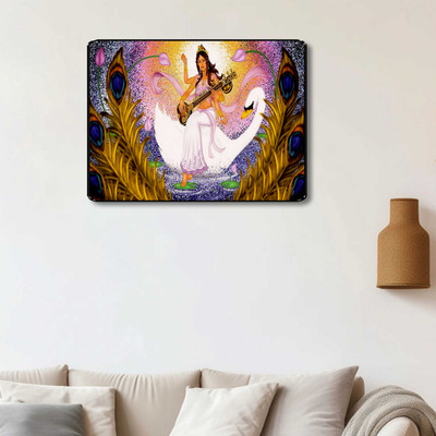 saf Maa Saraswati Religious Wall Décor Painting Digital Reprint 14 inch x 11 inch Painting(With Frame)