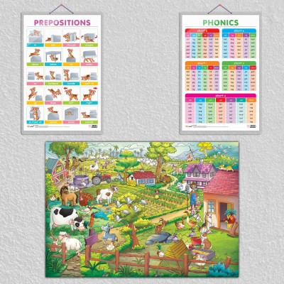 GIANT AT THE FARM COLOURING POSTER, PREPOSITIONS and PHONICS - 1| set of 1 colouring poster and 2 hard laminated charts|Giant Farm Coloring Poster with Prepositions and Phonics - Set of 2 Laminated Charts Paper Print(30 inch X 20 inch)