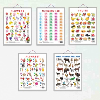 ALPHABET CHART HARD LAMINATED, FRUITS CHART HARD LAMINATED, FLOWERS CHART HARD LAMINATED, FARM ANIMALS AND PETS CHART HARD LAMINATED, and NUMBER 1 -50 CHART HARD LAMINATED | combo of 5 charts | Harmony of Knowledge Charts Paper Print(20 inch X 15 inch)