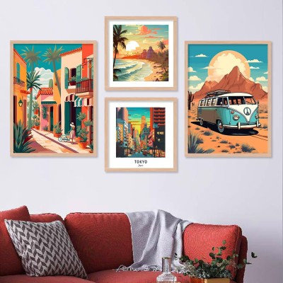 Premium Digital Paintings with Frame for Home Decoration - City View Painting for Living Room Bedroom Office Room Decor - Colorful Framed Poster for Wall Decoration - Pack of 4 Paper Print(14 inch X 11 inch, Framed)