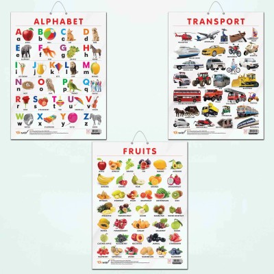 ALPHABET CHART GLOSS LAMINATED, FRUITS CHART GLOSS LAMINATED, and TRANSPORT CHART GLOSS LAMINATED | combo of 3 charts |Colorful Knowledge Exploration Trio Paper Print(20 inch X 15 inch)