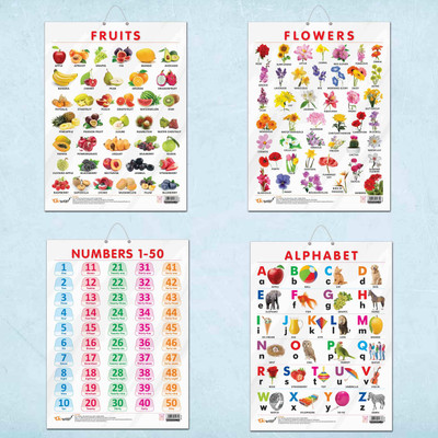 ALPHABET CHART GLOSS LAMINATED, FRUITS CHART GLOSS LAMINATED, FLOWERS CHART GLOSS LAMINATED, and NUMBER 1-50 CHART GLOSS LAMINATED | combo of 4 charts |Vibrant Knowledge Blossoms for Young Explorers Paper Print(20 inch X 15 inch)