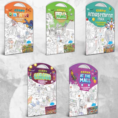 GIANT AT THE FARM COLOURING POSTER, GIANT AMUSEMENT PARK COLOURING POSTER, GIANT CIRCUS COLOURING POSTER, GIANT AT THE MALL COLOURING POSTER and GIANT DINOSAUR COLOURING POSTER | Combo of 5 Colouring Poster | Big Adventures in Color: 5 Giant Colouring Posters Paper Print(40 inch X 28 inch)